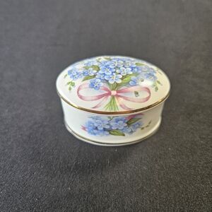 Bone China Trinket Box Blue Flowers Pink Ribbon Floral Design Great Britain